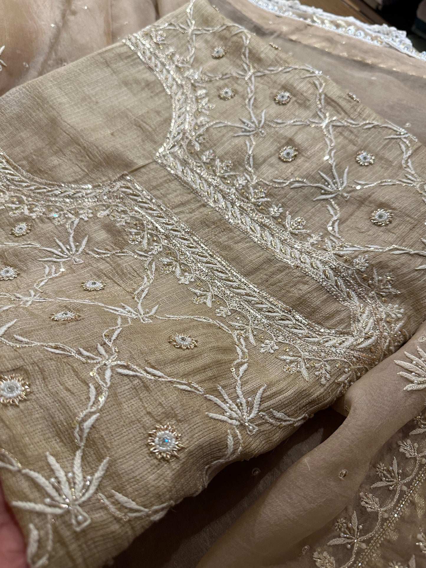 Beige Rasm Tussar Kota Chikankari Unstitched Chikankari Fabrics