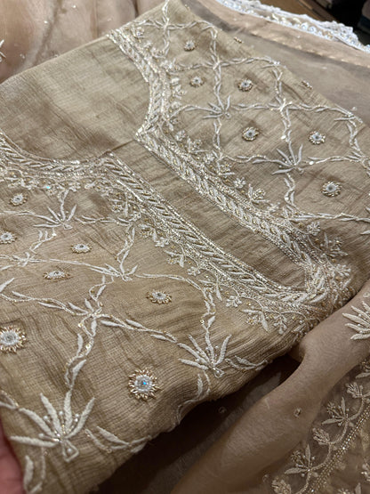 Beige Rasm Tussar Kota Chikankari Unstitched Chikankari Fabrics