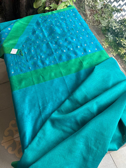 Blue Woven Butta Saree with Contrast Green Border