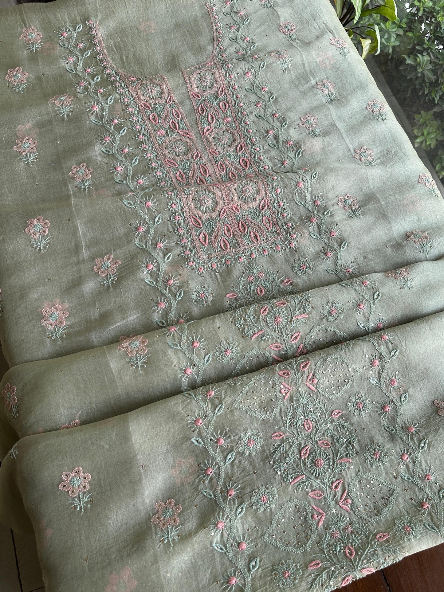 Olive Green Noor Organza Silk Chikankari With Kamdani Fabric