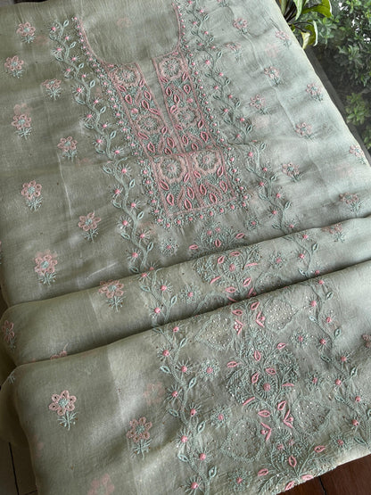 Olive Green Noor Organza Silk Chikankari With Kamdani Fabric