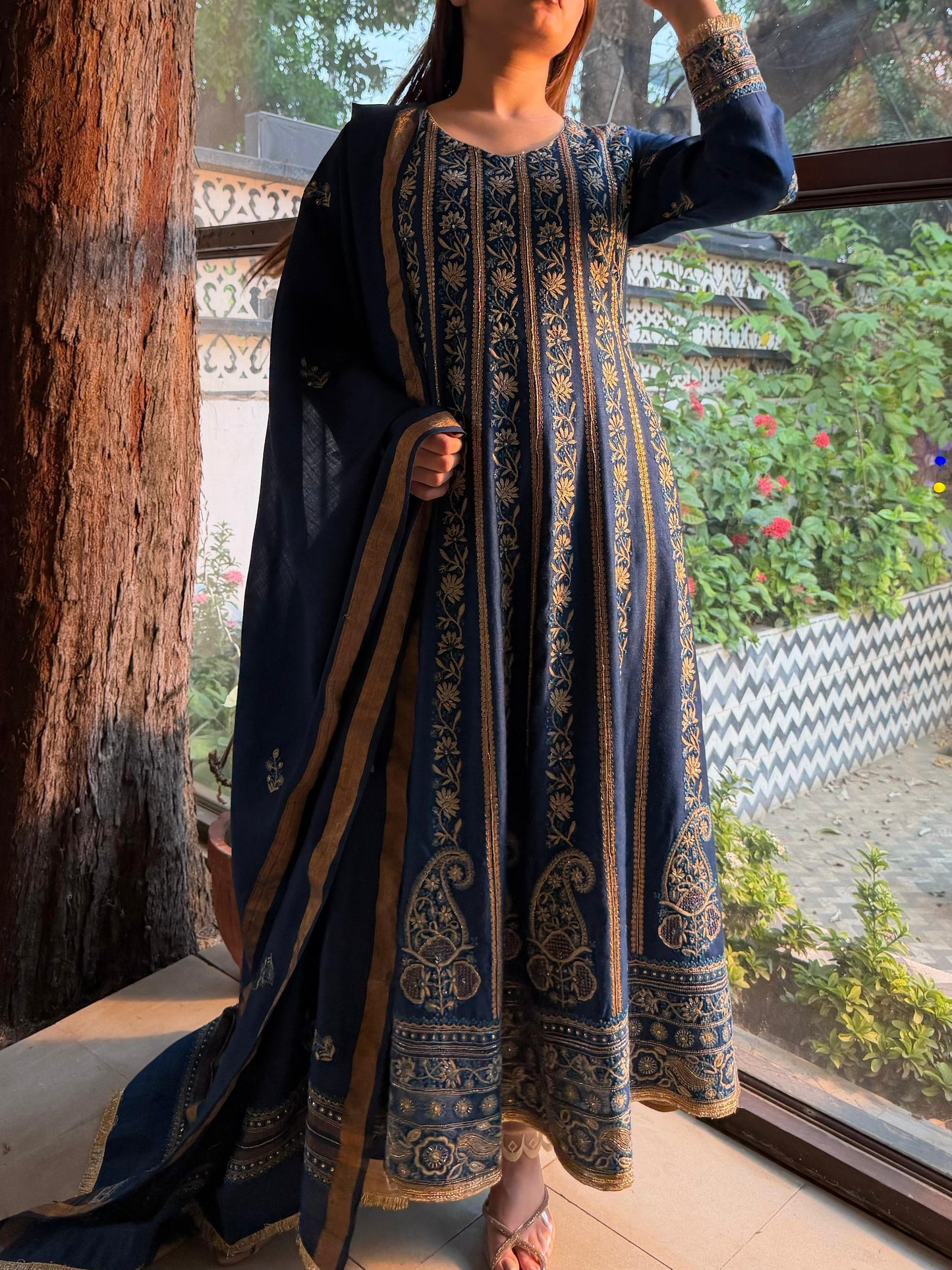 Roheen Blue Moonga Silk Chikankari Anarkali With Dupatta