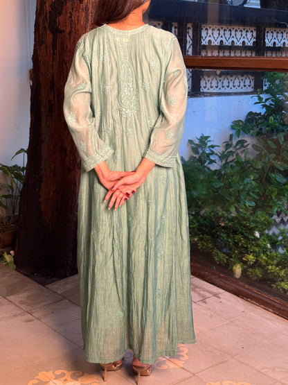 Sea Green Zari Chanderi Chikankari A Line Kurta with Slip