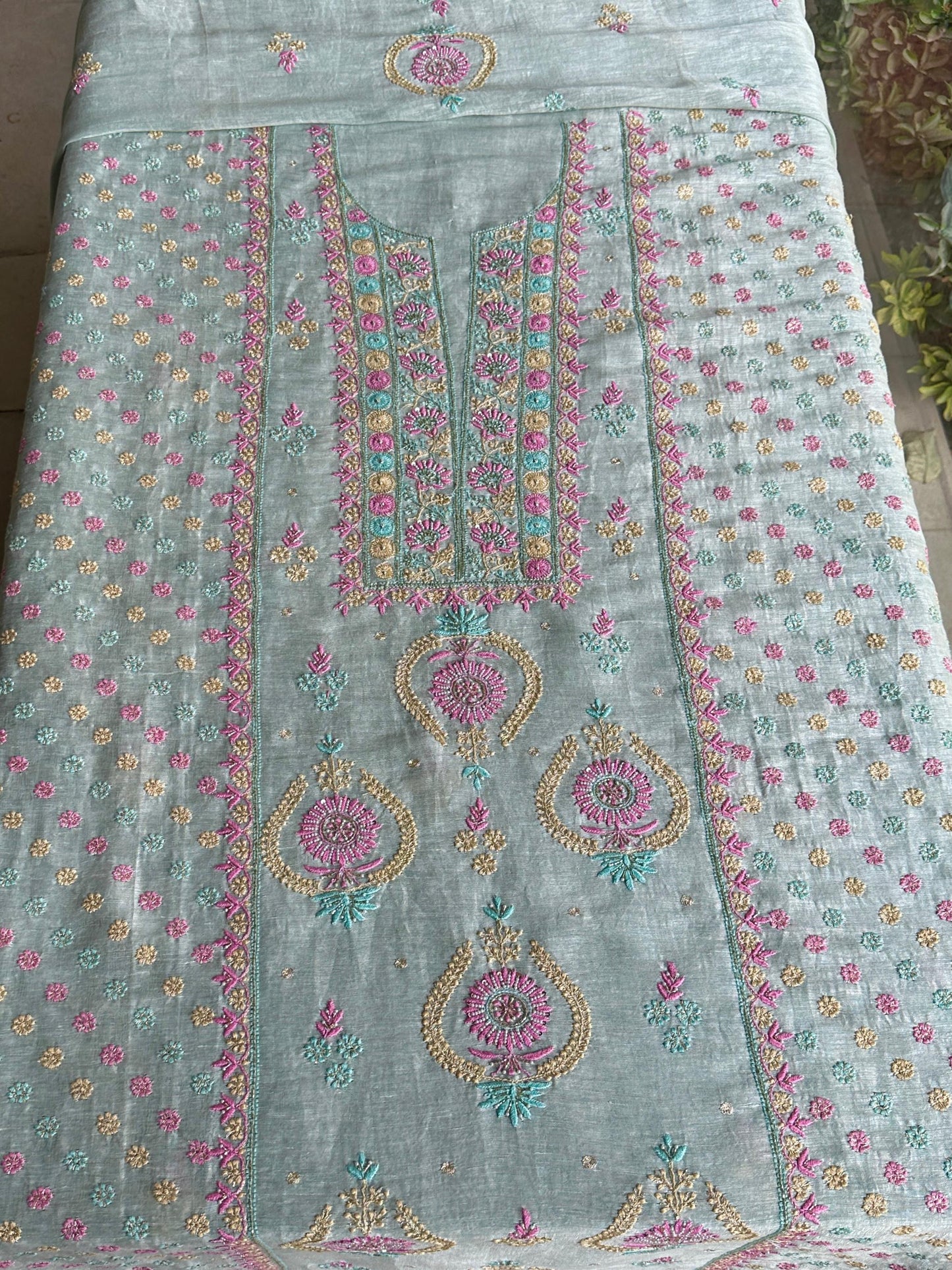 Pastel Mint Shade Rasm Silk Chikankari With Ari Work Unstitched Kurta Dupatta Set