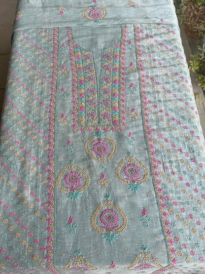 Pastel Mint Shade Rasm Silk Chikankari With Ari Work Unstitched Kurta Dupatta Set