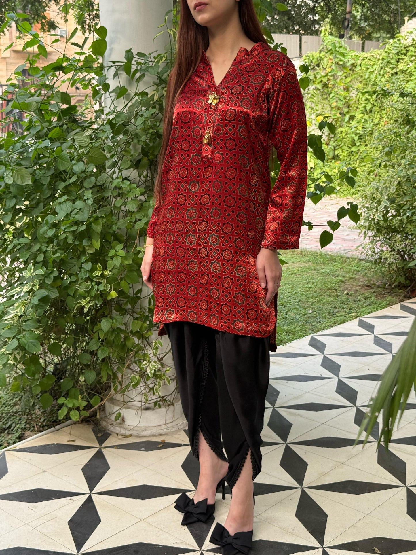 Ajrak Brick Red Shade Mashru Silk, Short Kurta