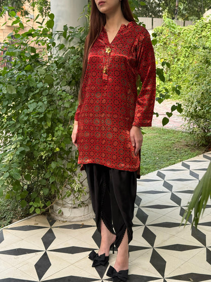 Ajrak Brick Red Shade Mashru Silk, Short Kurta