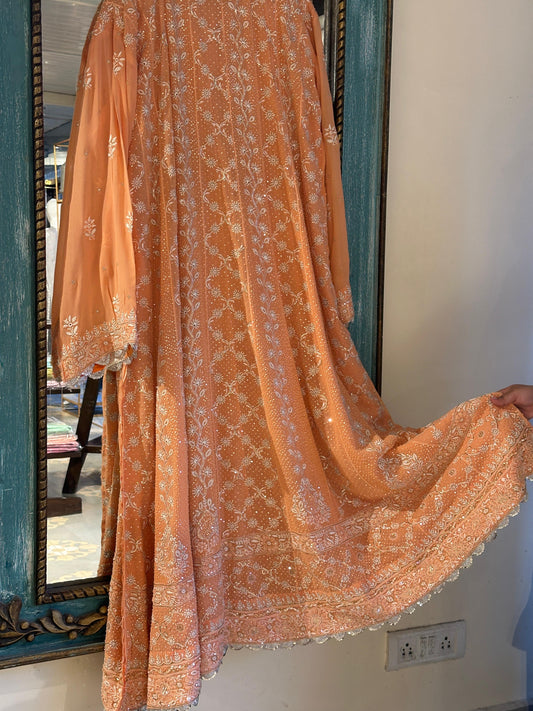 SAFFRON PEACH TUKDI CHIKANKARI ANARKALI