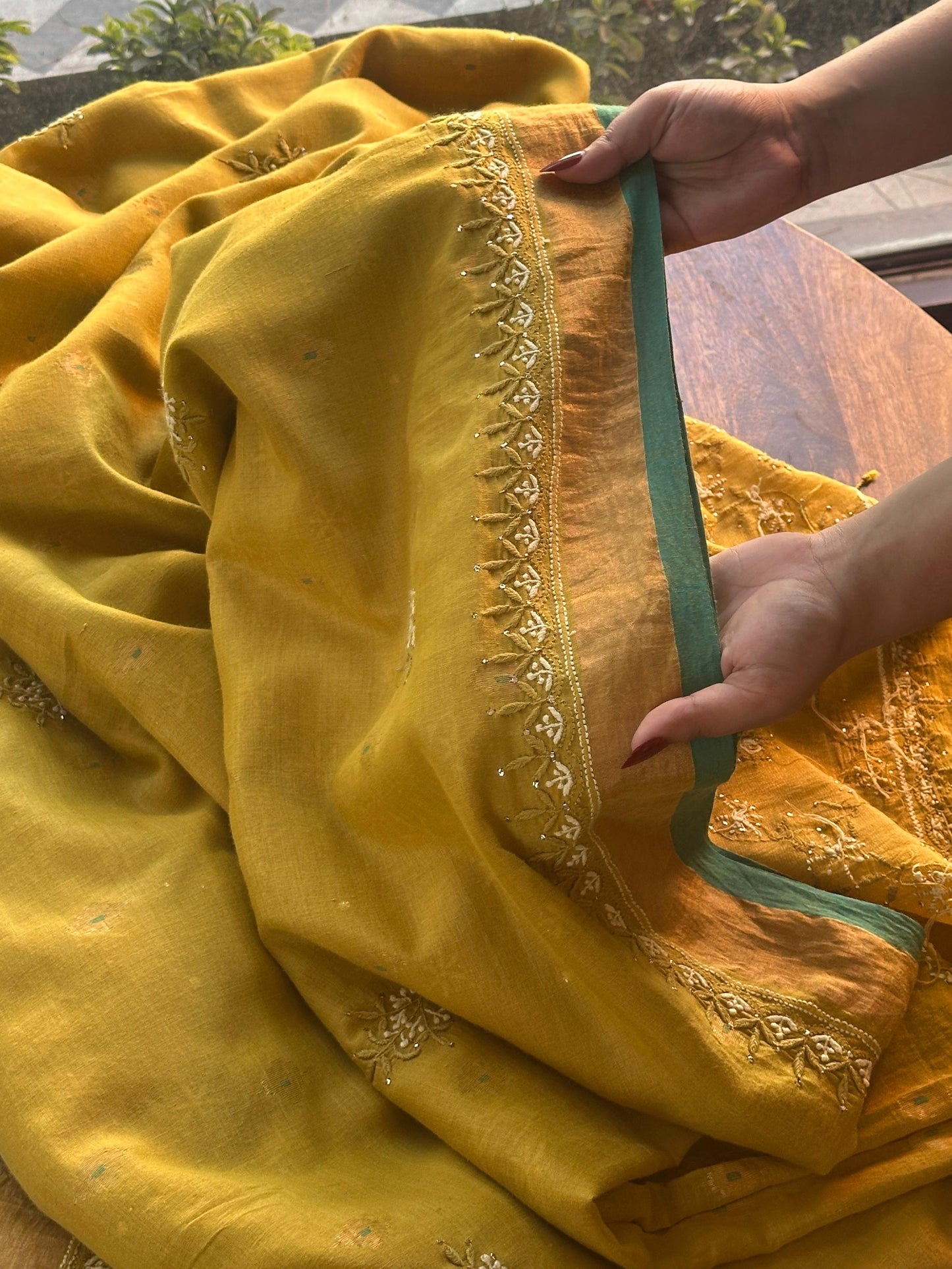 Mustard Yellow Shade Chanderi Chikankari Saree