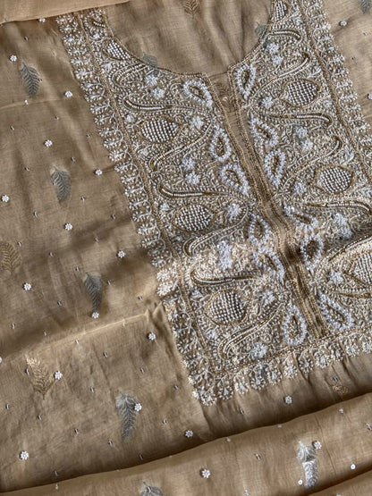 Beige Shade Banarasi Zari Chanderi Unstitched Chikankari Fabric