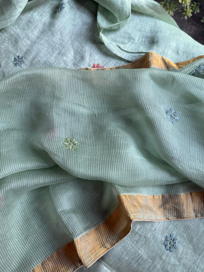 Mint Green Linen Silk Chikankari With Ari Work Unstitched Kurta Dupatta Set