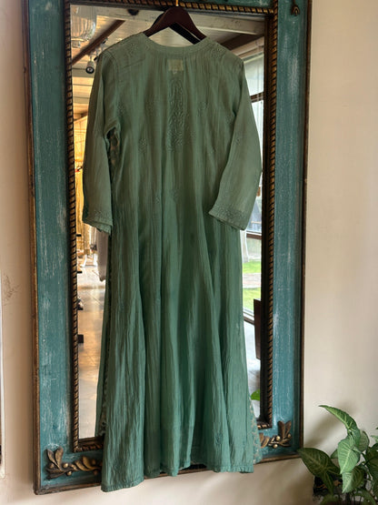 Green Zari Chanderi Chikankari A Line Kurta with Slip