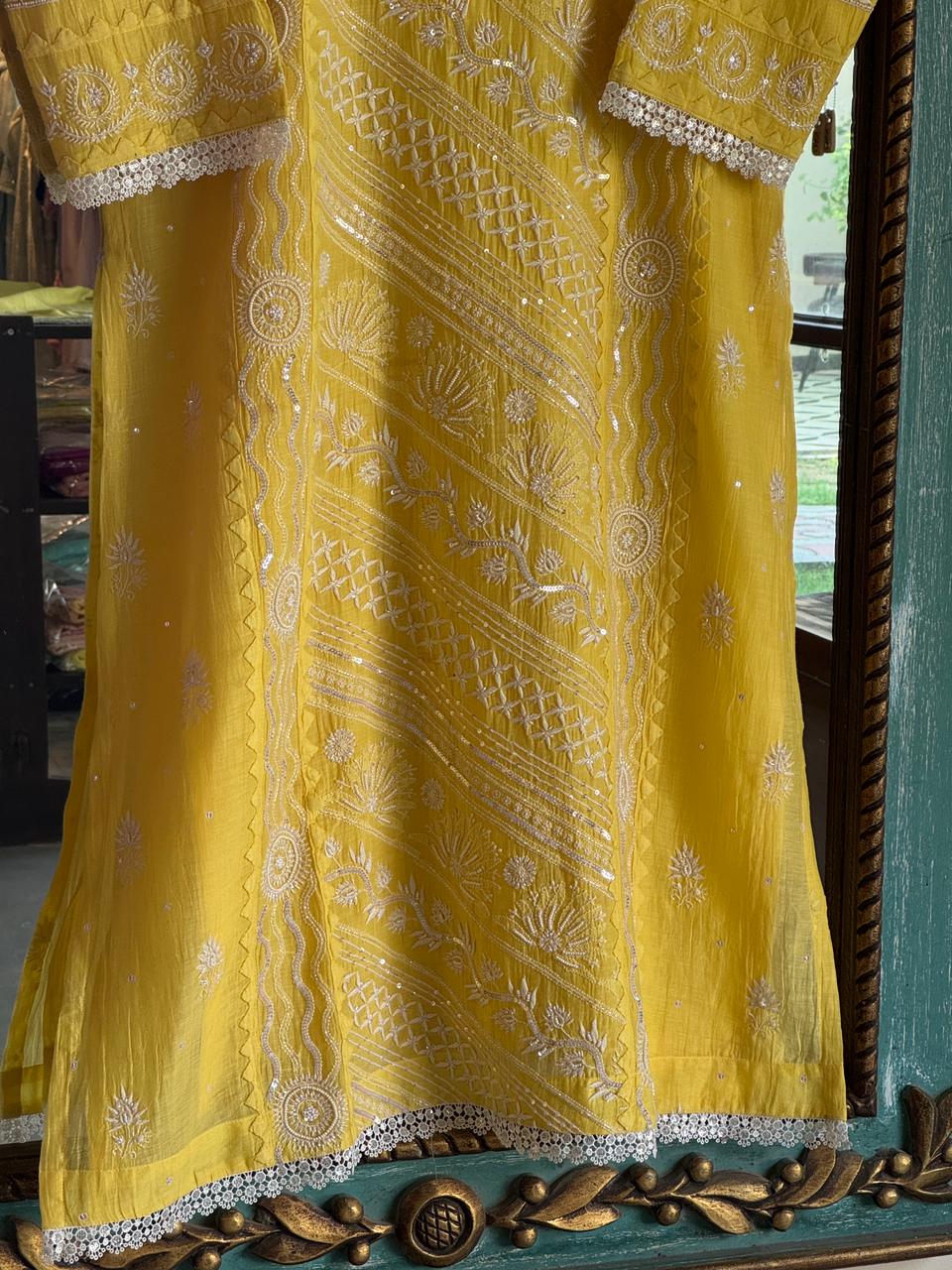 Yellow Mulmul Pearl White Chikankari Ready to Wear Kurta Set