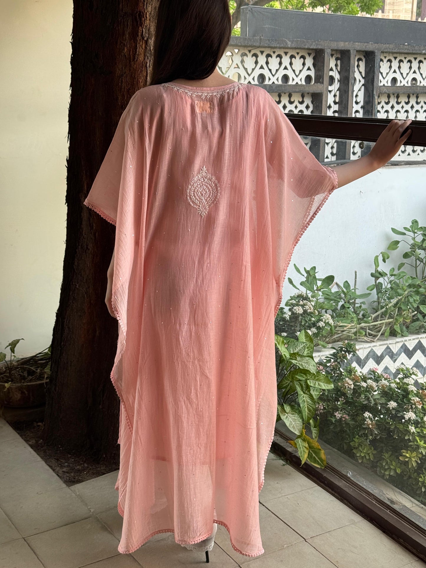 Pink Malmal Sequinned Chikankari Kaftan