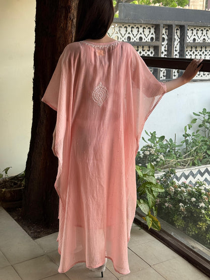 Pink Malmal Sequinned Chikankari Kaftan