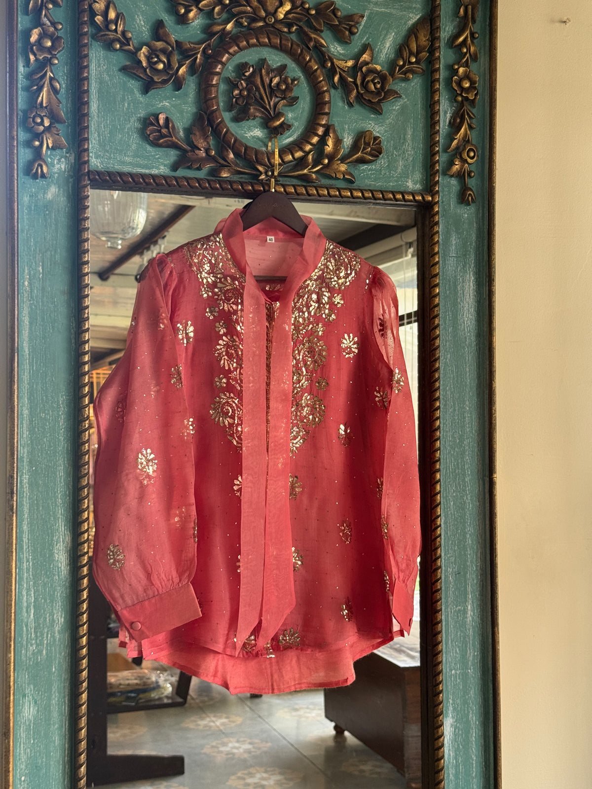 Carrot Pink Noor Organza Mukaish Badla Short Top With Bow Tie