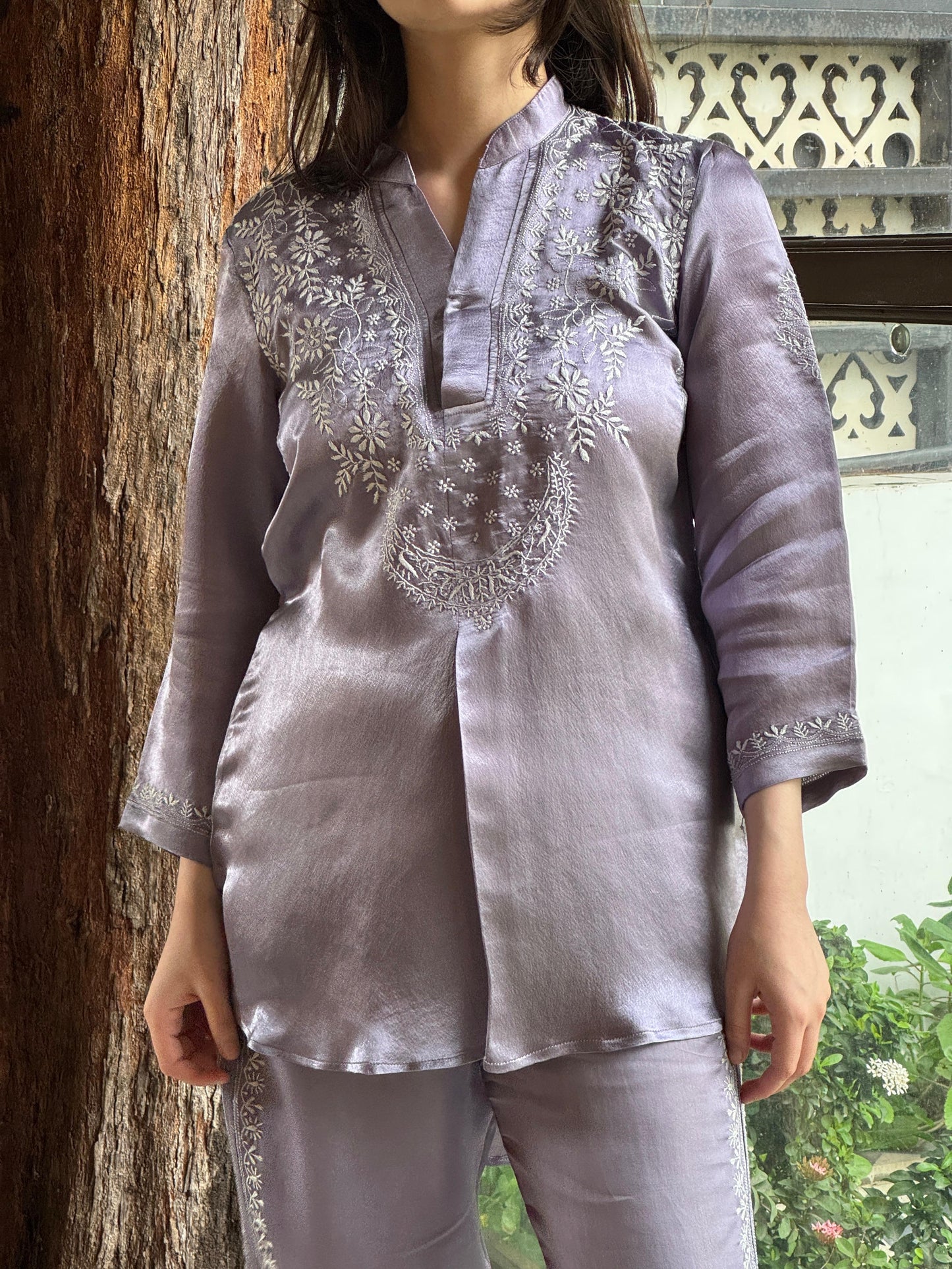 Purplish Grey Satin Shimmer Chikankari Co-Ord Set