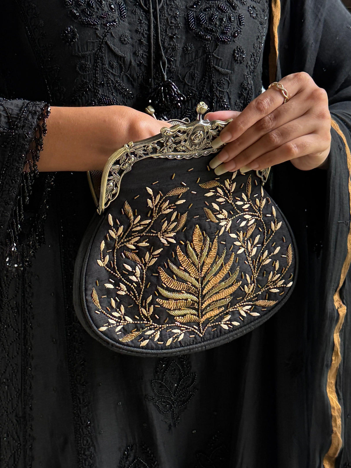 Black Raw Silk Vintage Ari Mukaish Sling Bag