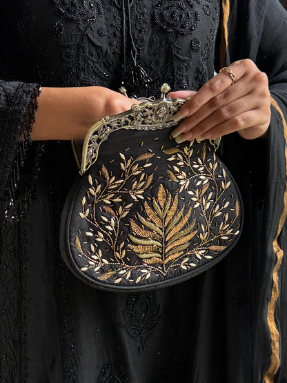 Black Raw Silk Vintage Ari Mukaish Sling Bag