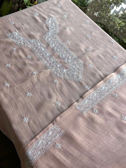 Pastel Peach Mulmul Chikankari Unstitched Men's Kurtas Fabric