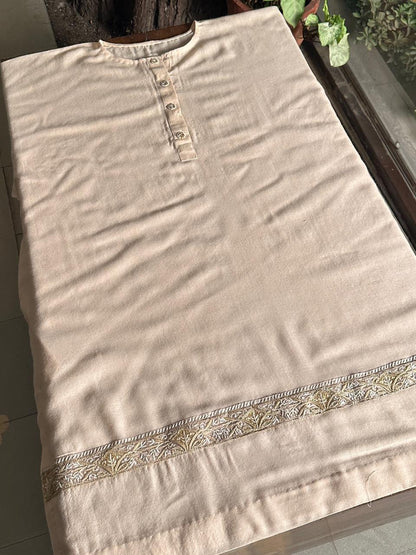 Soft Cream Shade Kashmiri Pashmina Phiran with Handcrafted Ari & Chikankari Embroidery