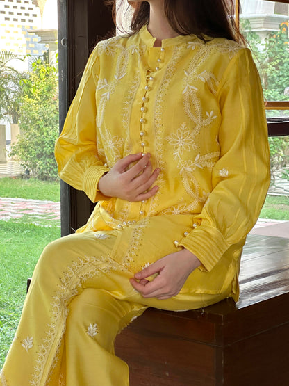 Yellow Shade Chanderi Chikankari Co-Ord Set