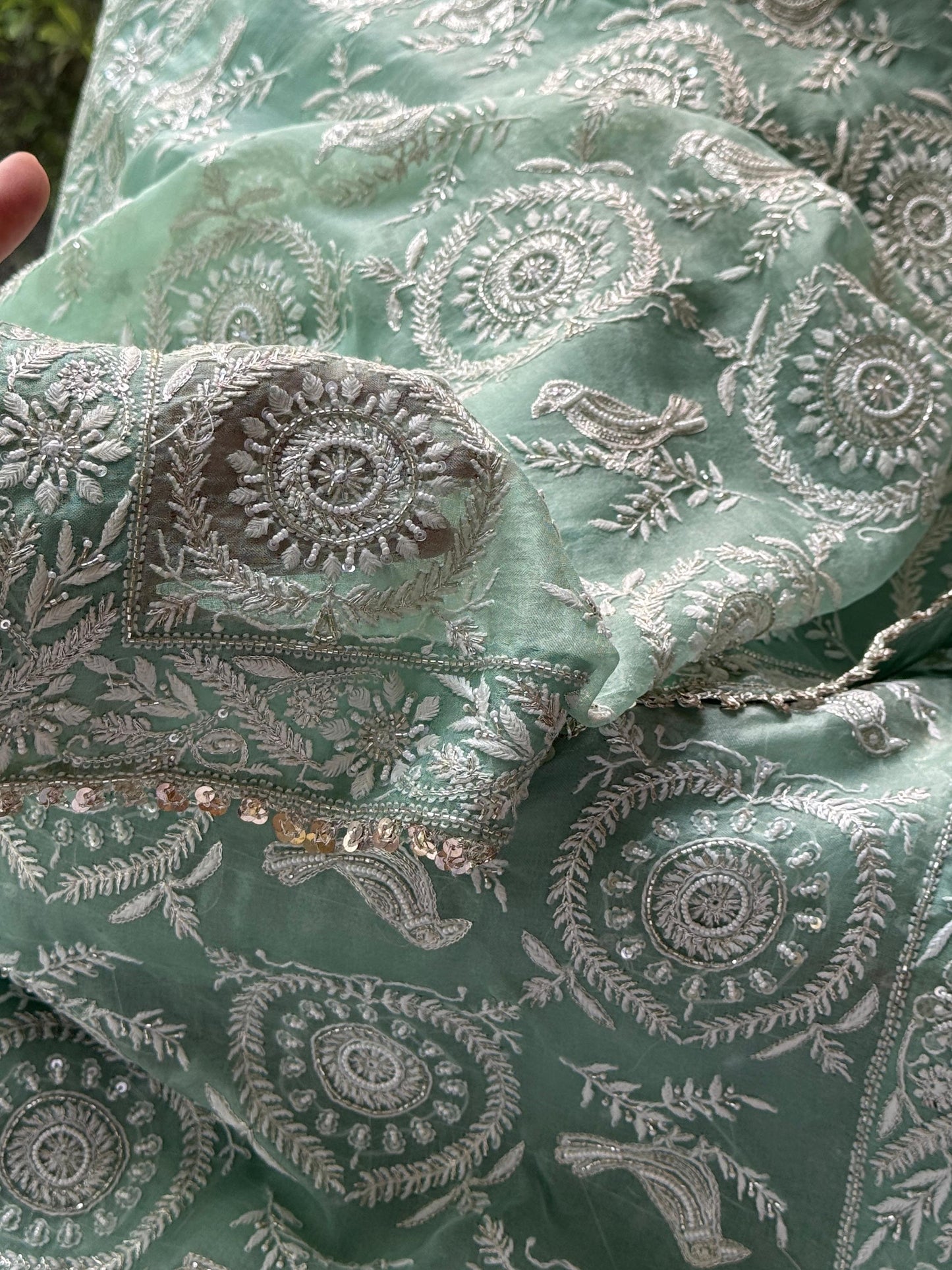Mint Green Sparrow Motif Noor Organza Chikankari Saree With Blouse