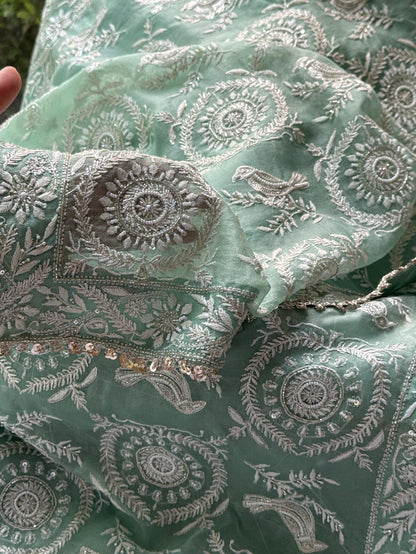 Mint Green Sparrow Motif Noor Organza Chikankari Saree With Blouse