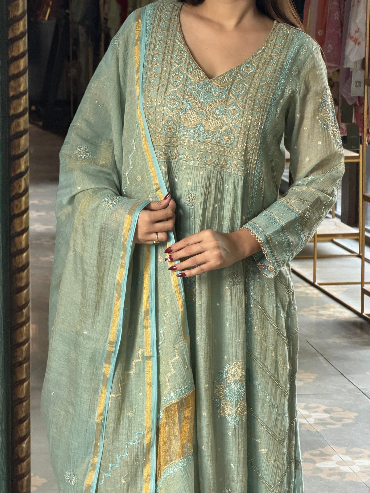 Cement Shade Tissue Silk Chikankari Bhopali Cut Kurta Dupatta Set