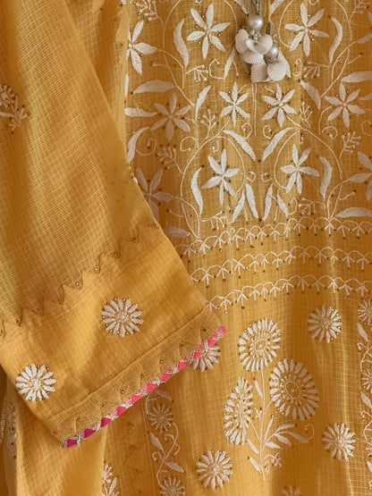 Mustard Yellow Shade Kota Applique Chikankari Kurta Dupatta Set