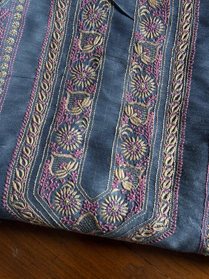 Blue Shade Moonga Silk Chikankari Men’s Kurta Fabric
