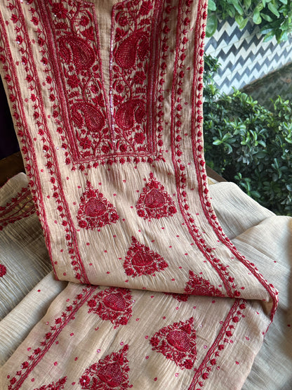 Beige & Red Mal Chanderi Silk Chikankari With Sequins Unstitched Kurta Dupatta Set