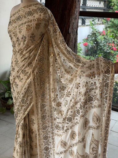 Vintage Dual Shade Mukaish Chikan Heriloom Saree with Blouse