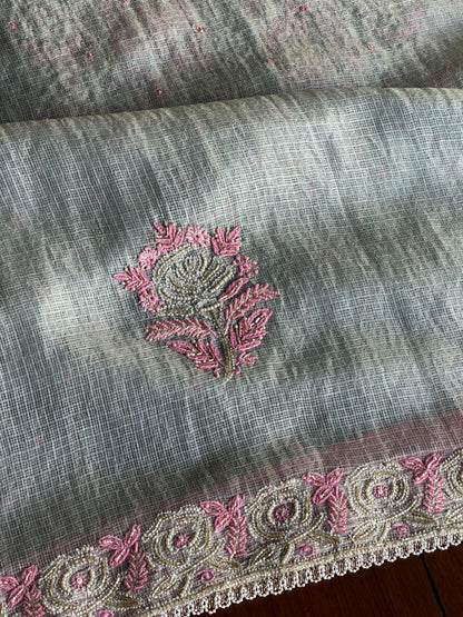 Smokey Grey Shade Tissue Kota Chikankari Unstitched Fabric