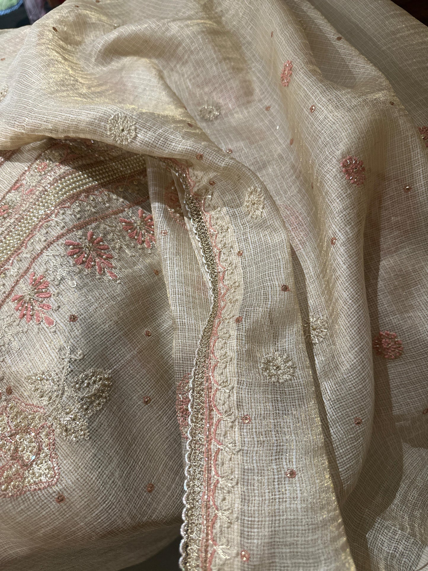 Beige Peach Tissue Kota Chikankari Unstitched Fabric