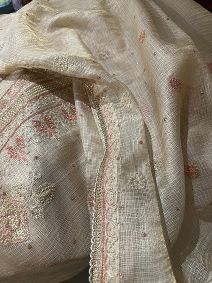 Beige Peach Tissue Kota Chikankari Unstitched Fabric