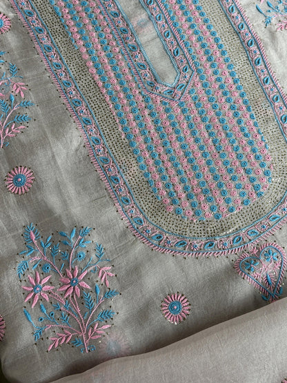 Dusty Lilac Multi Shade Organza Silk Chikankari Unstitched Fabric