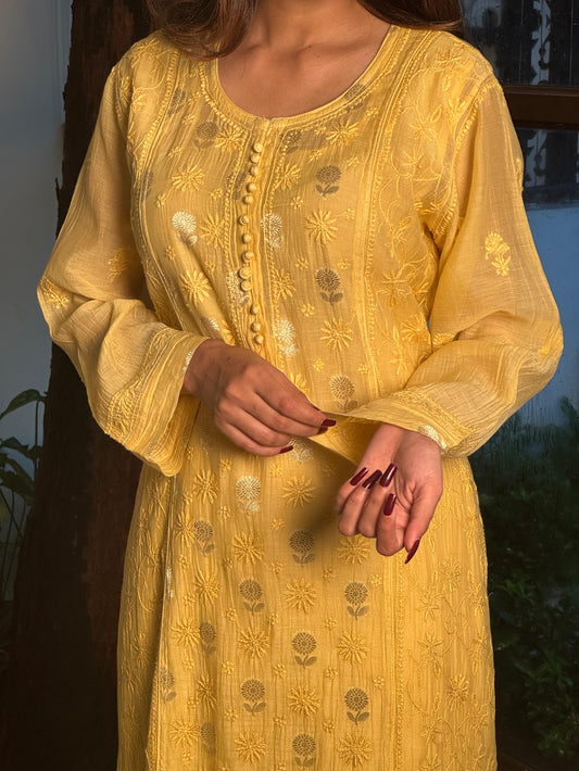 Yellow Shade Zari Chanderi Chikankari Ready to Wear Tunics