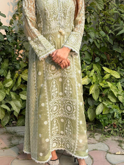Green Noor Organza Chikankari Anarkali Kurta With Dupatta