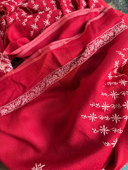 Red Moonga Silk Chikankari Men’s Kurta Fabrics