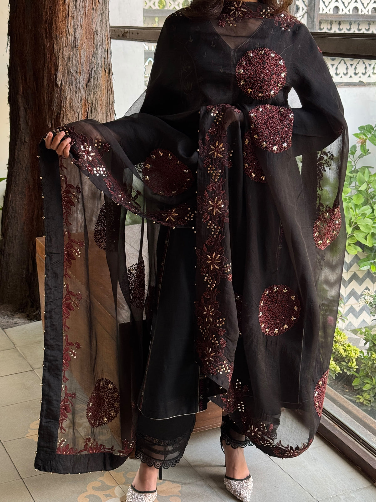 Black & Rust Red Shade Coral Motif Fine Chikankari Organza Mukaish Dupatta