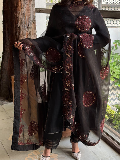 Black & Rust Red Shade Coral Motif Fine Chikankari Organza Mukaish Dupatta