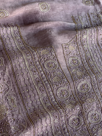 Purple Shade Linen Silk Chikankari With Ari Work Unstitched Kurta Dupatta Set