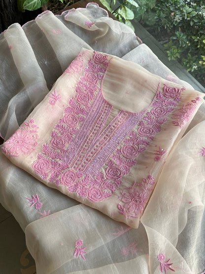 Ivory Shade Noor Organza Silk Chikankari Unstitched Kurta Dupatta Set
