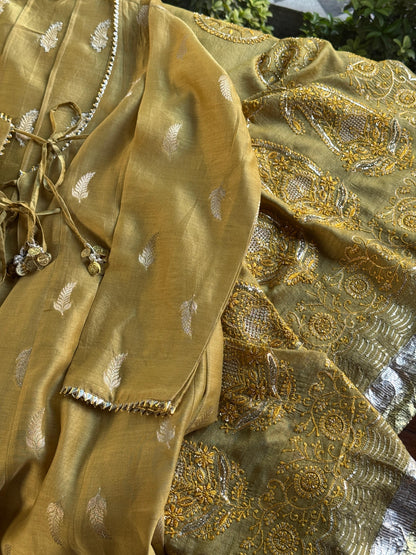 Zari Tissue Chikanakari Ari Heriloom Chikankari Dupatta Angarkha Set