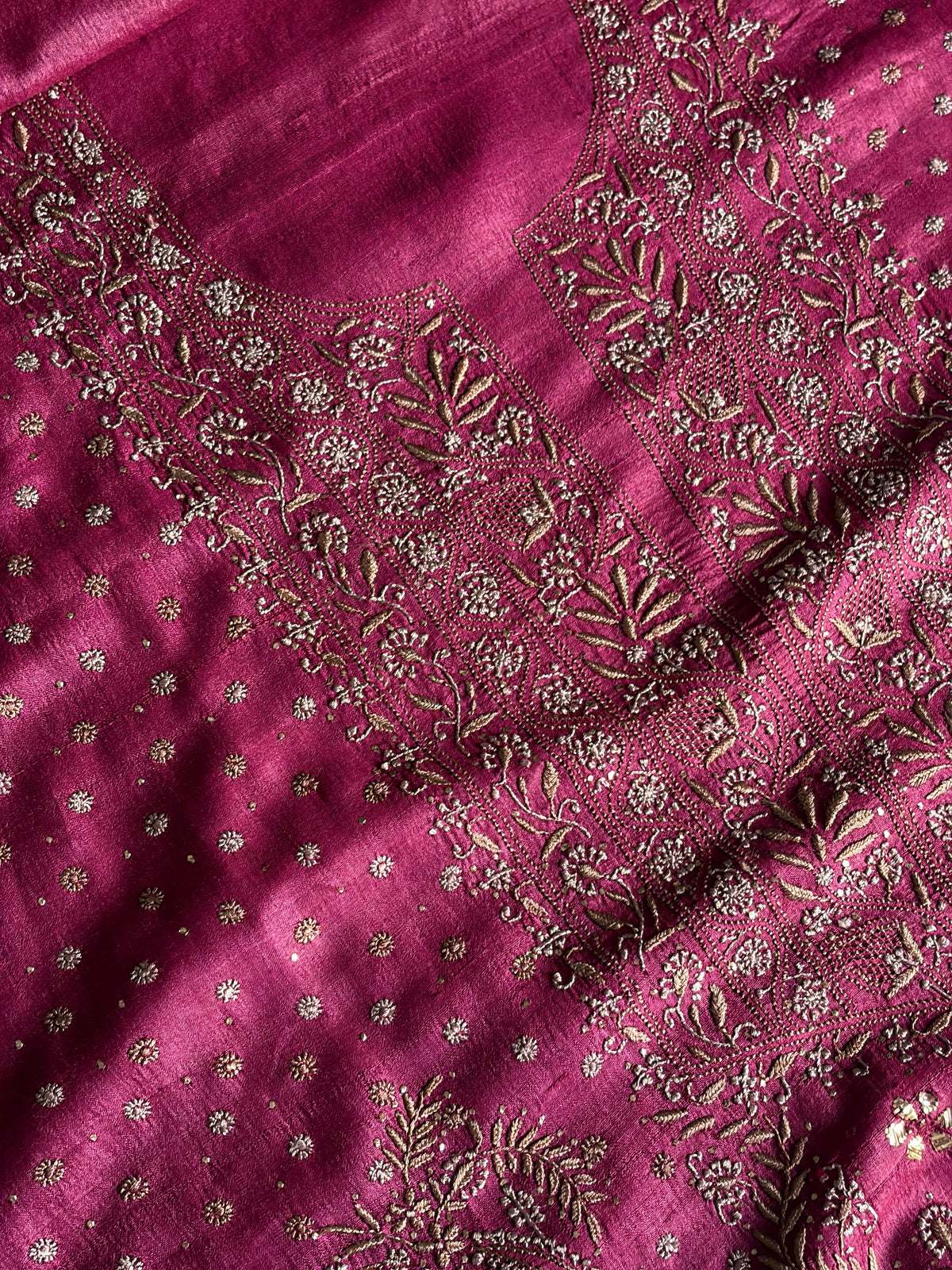 Plum Shade Roheen Tussar Silk Chikankari Fabric