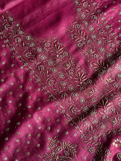 Plum Shade Roheen Tussar Silk Chikankari Fabric