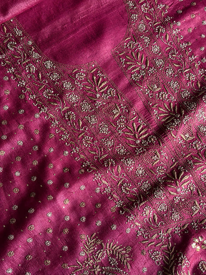 Plum Shade Roheen Tussar Silk Chikankari Fabric