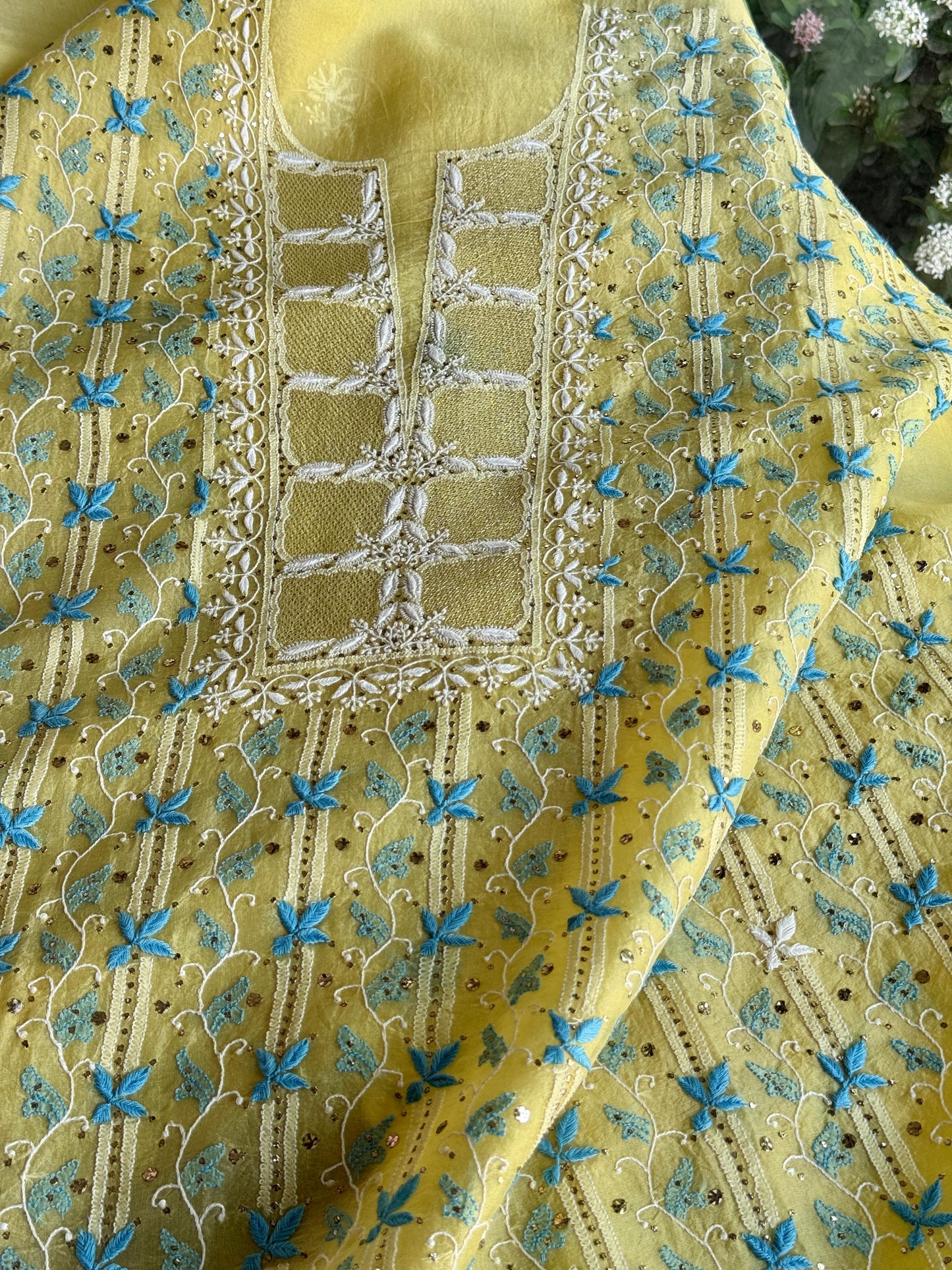 Lemon Yellow & Aqua Noor Organza Silk Chikankari With Kamdani Fabric