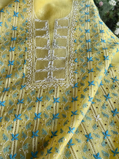 Lemon Yellow & Aqua Noor Organza Silk Chikankari With Kamdani Fabric